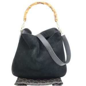 Gucci Vintage Bamboo Hobo Suede Black Suede Shoulder Bag Bag